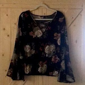 XL black (with flowers), long-sleeved blouse